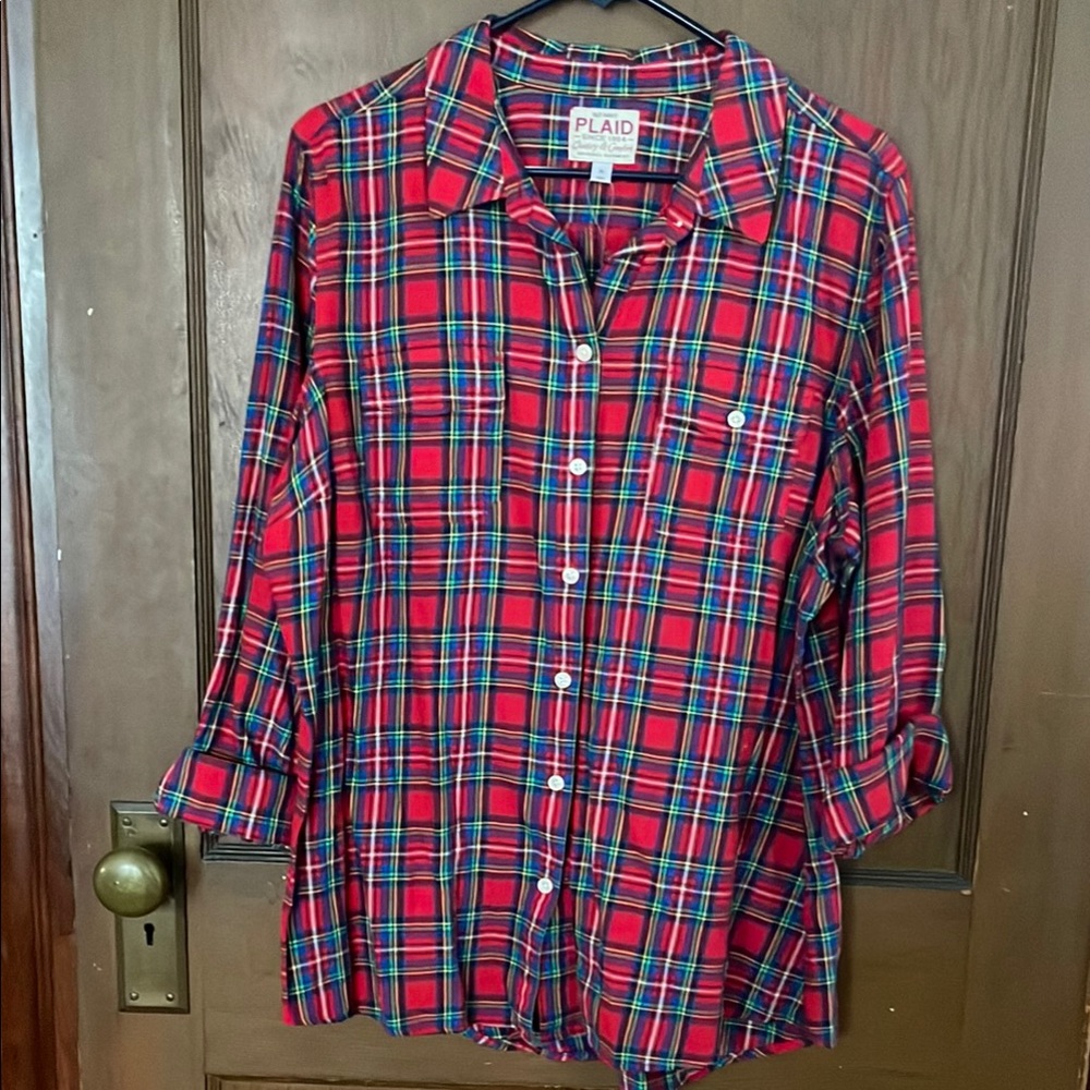 Red Plaid Button-Up Shirt - barely worn!